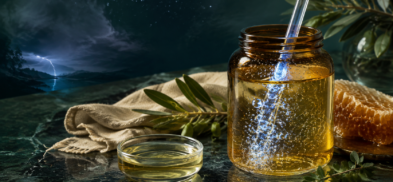 Ozone bubbling through golden ozonated oil in an amber glass jar.