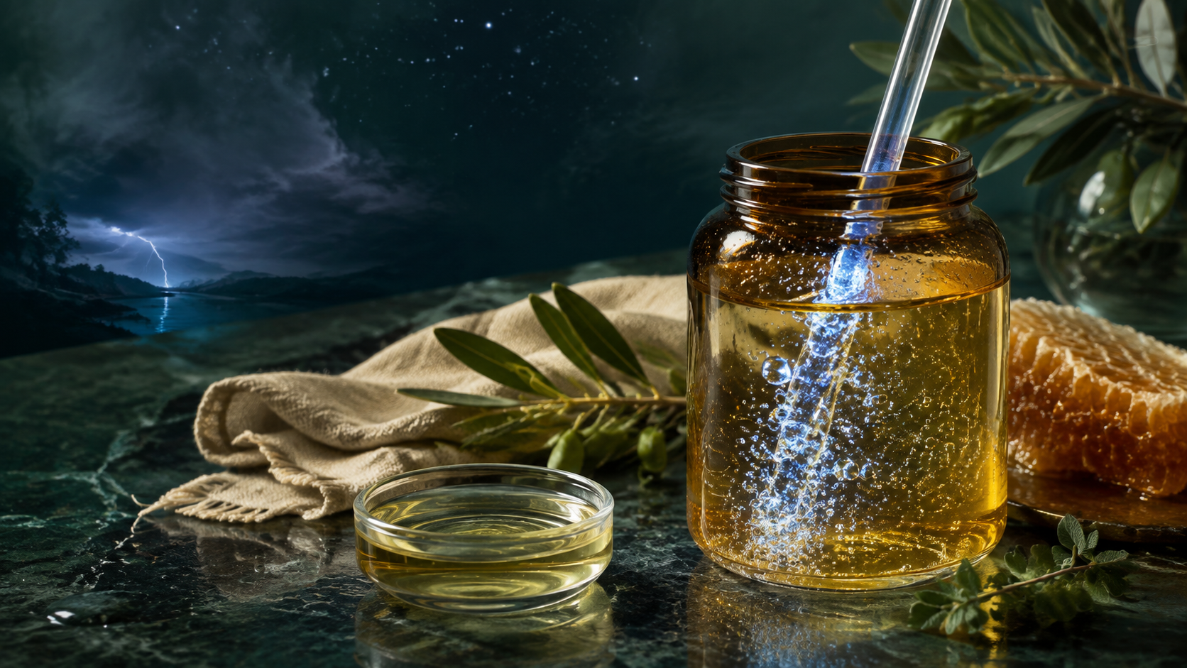 Ozone bubbling through golden ozonated oil in an amber glass jar.