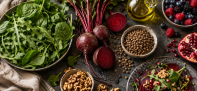 Leafy greens, beets, lentils, walnuts and olive oil arranged on a table.