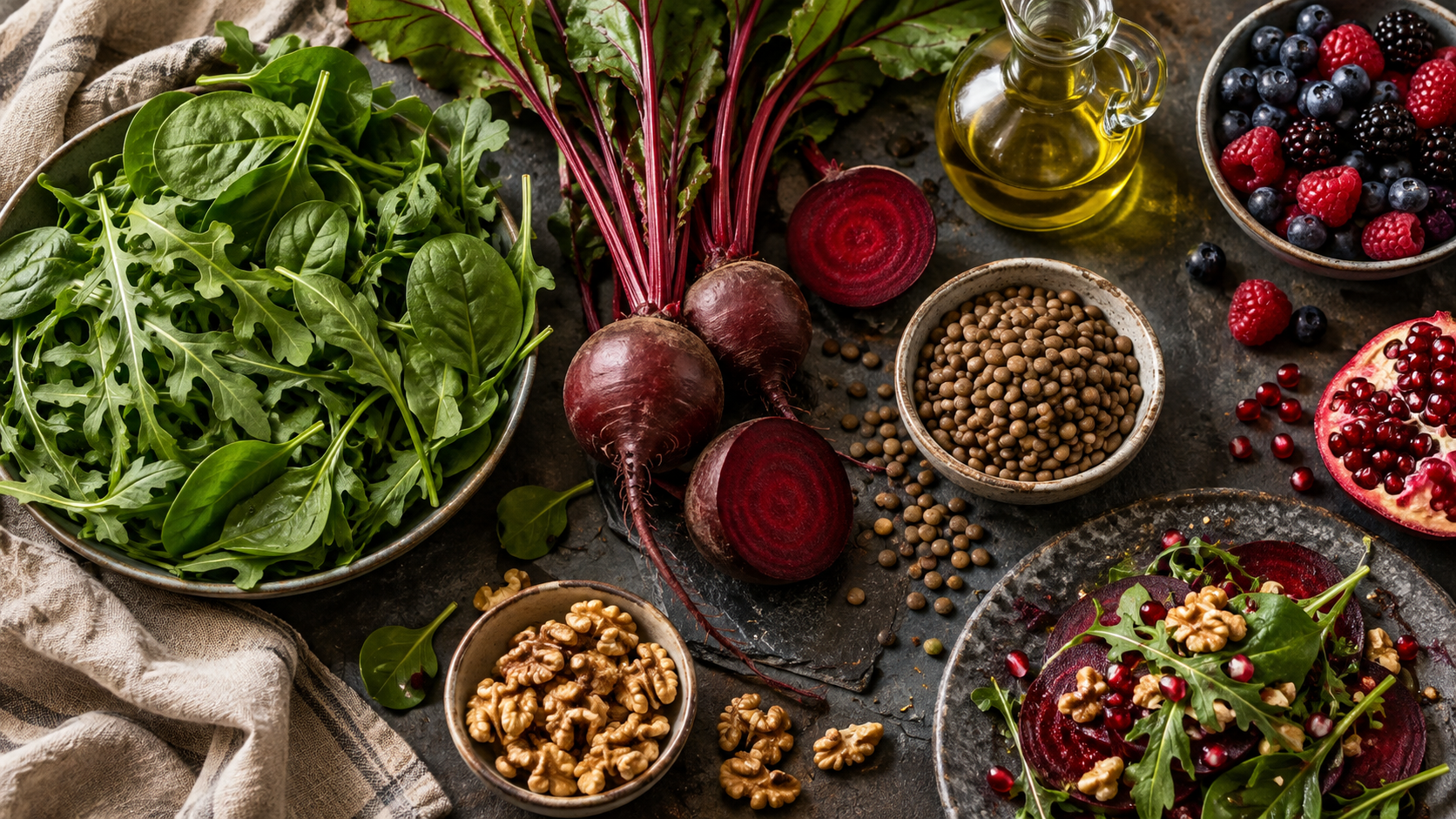 Leafy greens, beets, lentils, walnuts and olive oil arranged on a table.