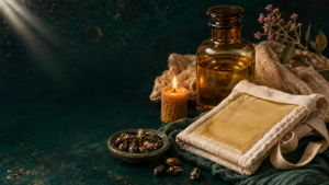 Castor oil bottle, castor oil pack, beeswax candle, and castor beans