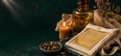 Castor oil bottle, castor oil pack, beeswax candle, and castor beans