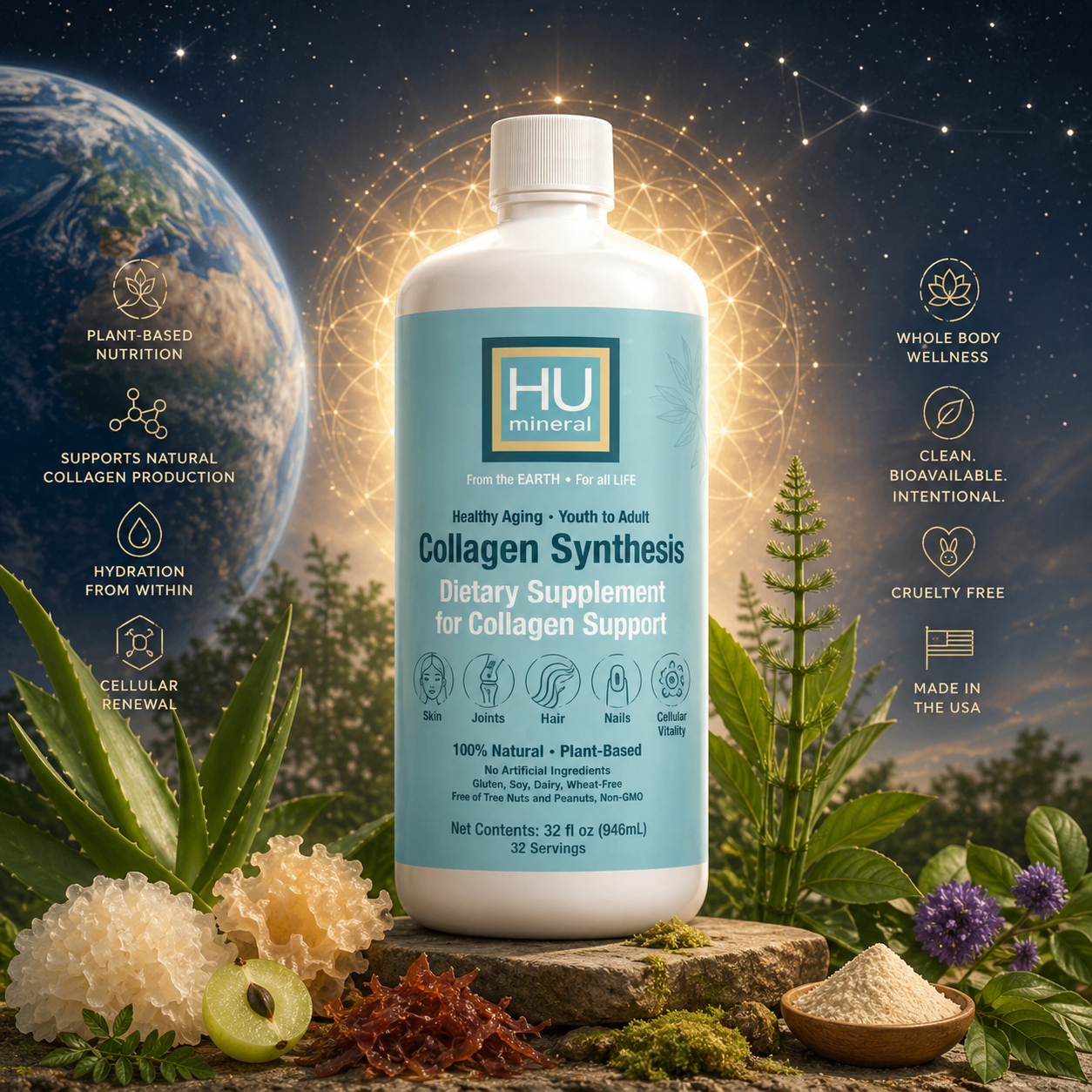 Humineral Collagen Synthesis liquid supplement bottle surrounded by herbs and minerals for skin, hair, joint and cellular support