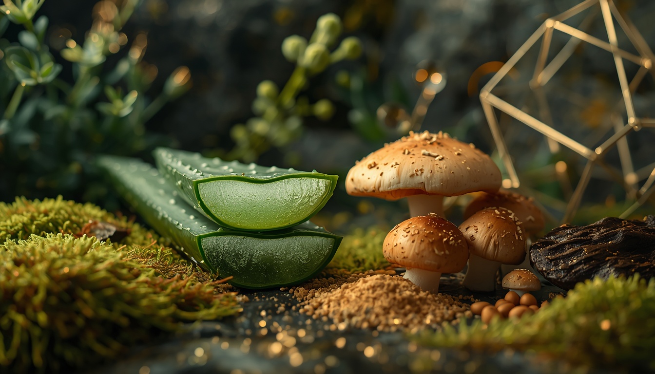 Plant-based collagen support ingredients including aloe vera, Tremella mushroom, sea moss, and mineral-rich botanicals for cellular beauty and collagen synthesis