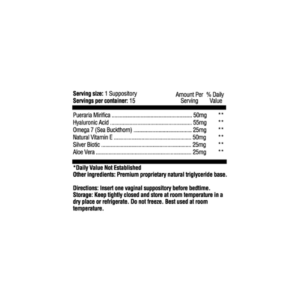 Hygeena vaginal suppository ingredients: Pueraria mirifica, hyaluronic acid, SilverBiotics, sea buckthorn oil, vitamin E and aloe vera