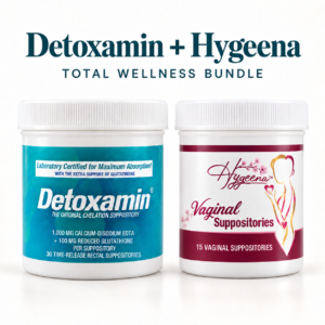 Detoxamin 1,000 mg EDTA with 100 mg glutathione, 30 rectal suppositories, alongside Hygeena, 15 vaginal suppositories.