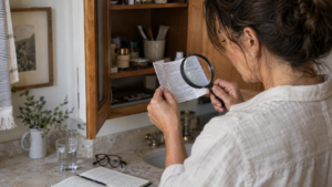 Woman examining an ingredient leaflet with a magnifying glass beside an open medicine cabinet.