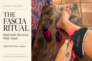 Editorial graphic for The Fascia Ritual showing the HigherDOSE Body Sculptor used on the upper back, with the activator gel and magnesium spray beside it
