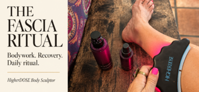 Editorial graphic for The Fascia Ritual showing the HigherDOSE Body Sculptor used on the upper back, with the activator gel and magnesium spray beside it