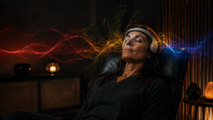 Woman using a noninvasive light-and-sound meditation headset with red, gold, and blue neural-wave imagery