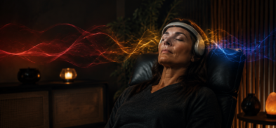 Woman using a noninvasive light-and-sound meditation headset with red, gold, and blue neural-wave imagery
