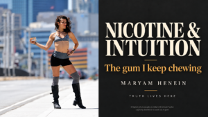 Photo illustration of Maryam Henein holding LUCY Espresso gum in Los Angeles beside the words Nicotine & Intuition: The gum I keep chewing. Original photograph by Adam Sheridan-Taylor, digitally modified to add LUCY gum.