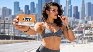 AI-created rendition of Maryam Henein holding LUCY Espresso 2 mg gum against the Los Angeles skyline.