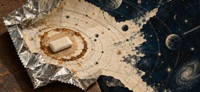 An opened gum wrapper unfolds into an astronomical chart, with a piece of gum inside an espresso-colored orbit against a star field.