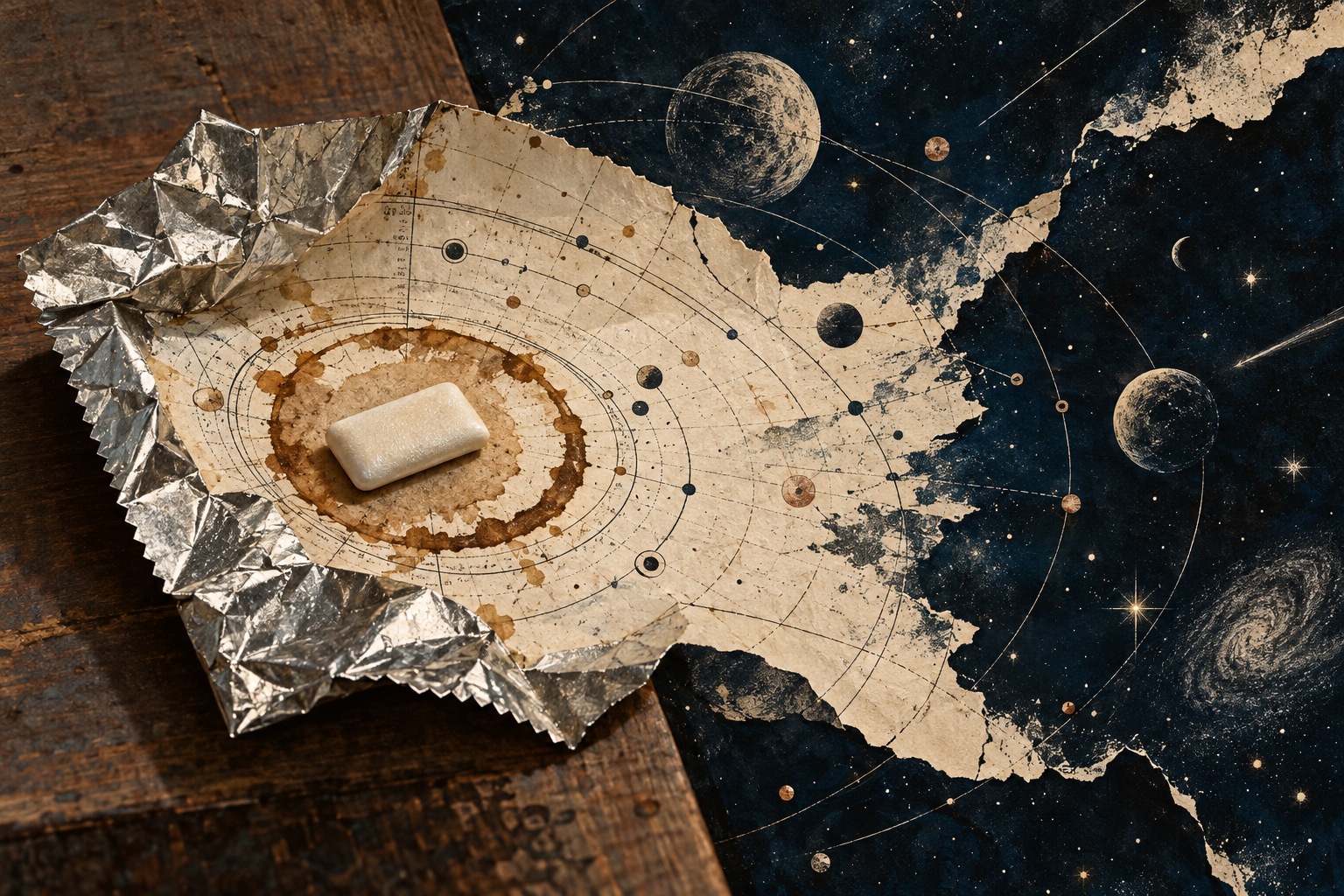 An opened gum wrapper unfolds into an astronomical chart, with a piece of gum inside an espresso-colored orbit against a star field.