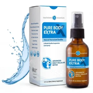 Pure Body Extra zeolite spray bottle and box by Touchstone Essentials