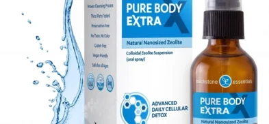 Pure Body Extra zeolite spray bottle and box by Touchstone Essentials
